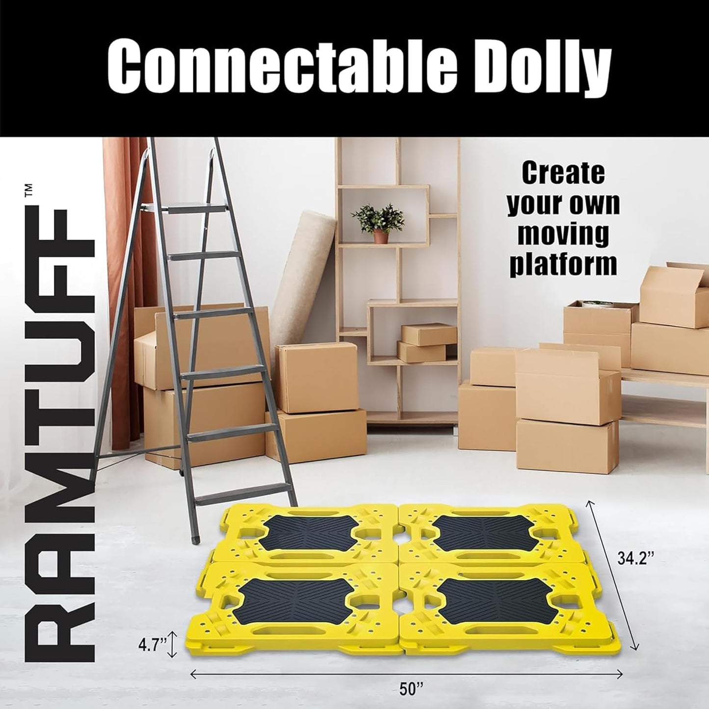 Connectable Moving Dolly (4-Pack) 330 lbs Capacity per Dolly - BV Certified | Anti-Slip Surface | Made of Heavy-Duty Polypropylene & Thermoplastic | Non-Marking 3” Swivel Casters