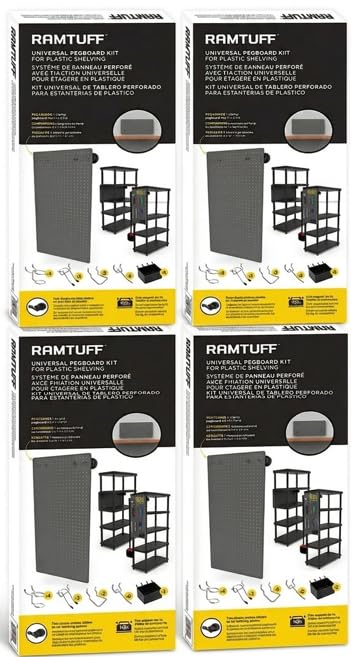 RAMTUFF Universal PegBoard Kit for Plastic Shelving- Garage Storage Organizer with 14 Pegboard Accessories - Easy to Install