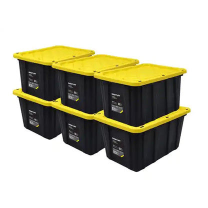 Ramtuff Strong Box BLACK & YELLOW 27-Gallon Storage Bin with Snap-on Lid, Heavy Duty Plastic Storage Bins with Lid, Stackable (6 pcs)