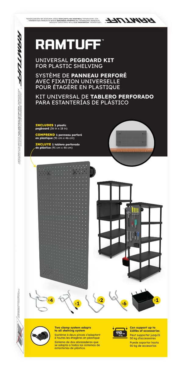 RAMTUFF Universal PegBoard Kit for Plastic Shelving- Garage Storage Organizer with 14 Pegboard Accessories - Easy to Install