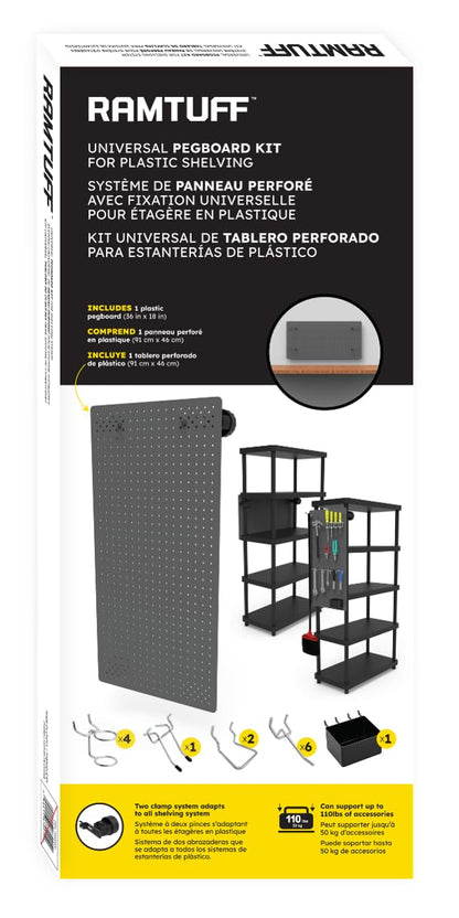 RAMTUFF Universal PegBoard Kit for Plastic Shelving- Garage Storage Organizer with 14 Pegboard Accessories - Easy to Install