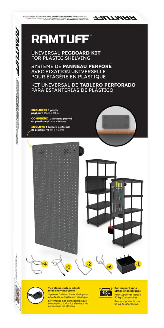 RAMTUFF Universal PegBoard Kit for Plastic Shelving- Garage Storage Organizer with 14 Pegboard Accessories - Easy to Install