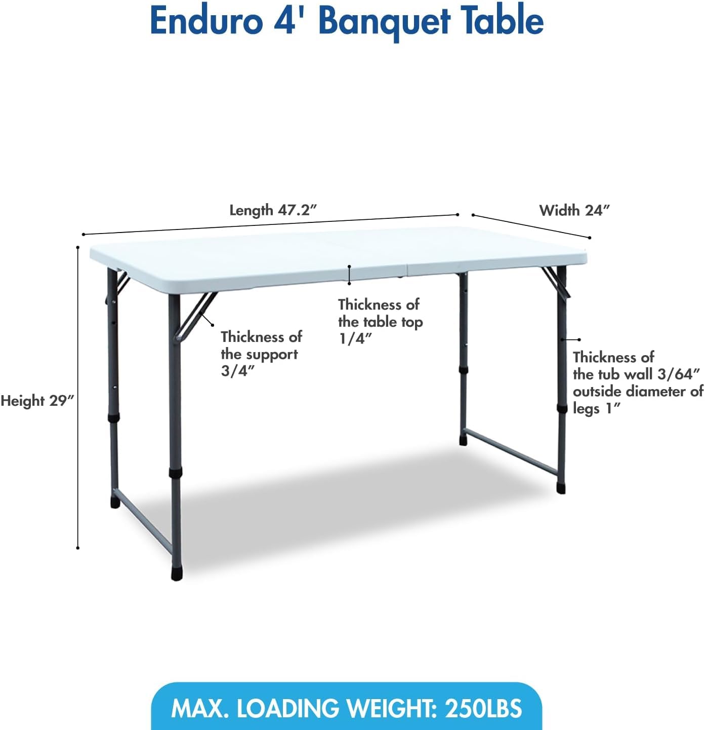 Enduro 4’ Banquet Table, Folding Table with Adjustable Heights, Portable Table for Indoor/Outdoor Use, 48’’ L x 24’’ W, White