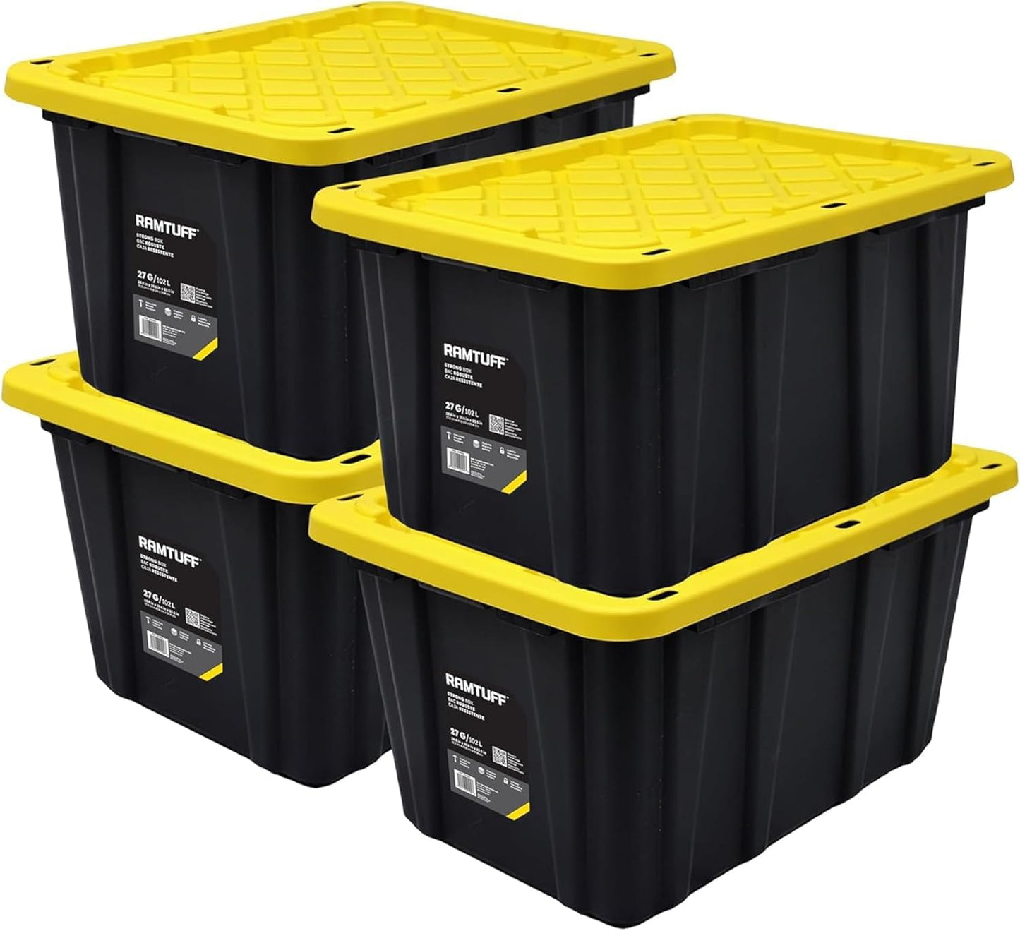 Ramtuff Strong Box BLACK & YELLOW 27-Gallon Storage Bin with Snap-on Lid, Heavy Duty Plastic Storage Bins with Lid, Stackable (6 pcs)