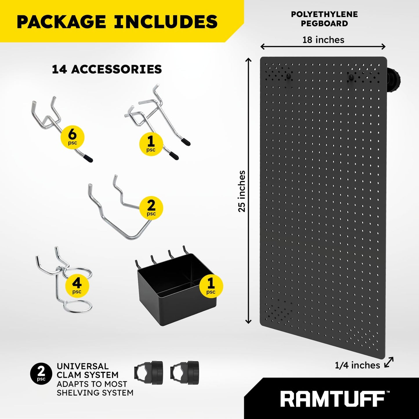 RAMTUFF Universal PegBoard Kit for Plastic Shelving- Garage Storage Organizer with 14 Pegboard Accessories - Easy to Install