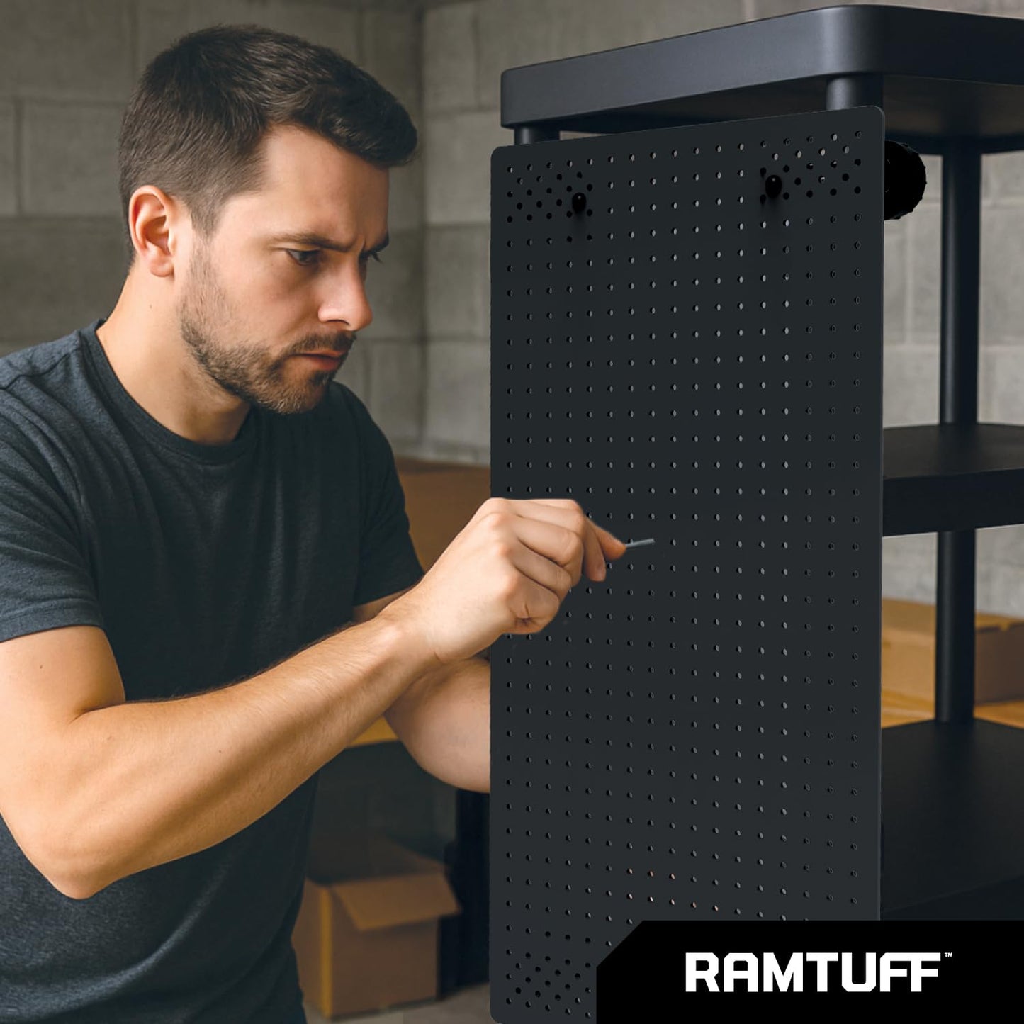 RAMTUFF Universal PegBoard Kit for Plastic Shelving- Garage Storage Organizer with 14 Pegboard Accessories - Easy to Install