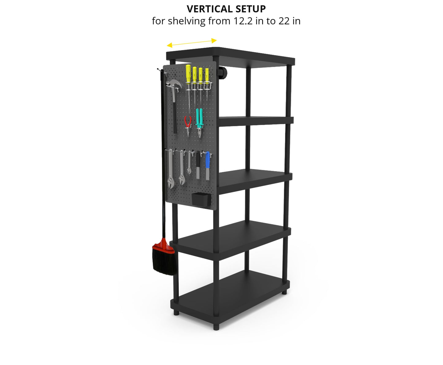 RAMTUFF Universal PegBoard Kit for Plastic Shelving- Garage Storage Organizer with 14 Pegboard Accessories - Easy to Install