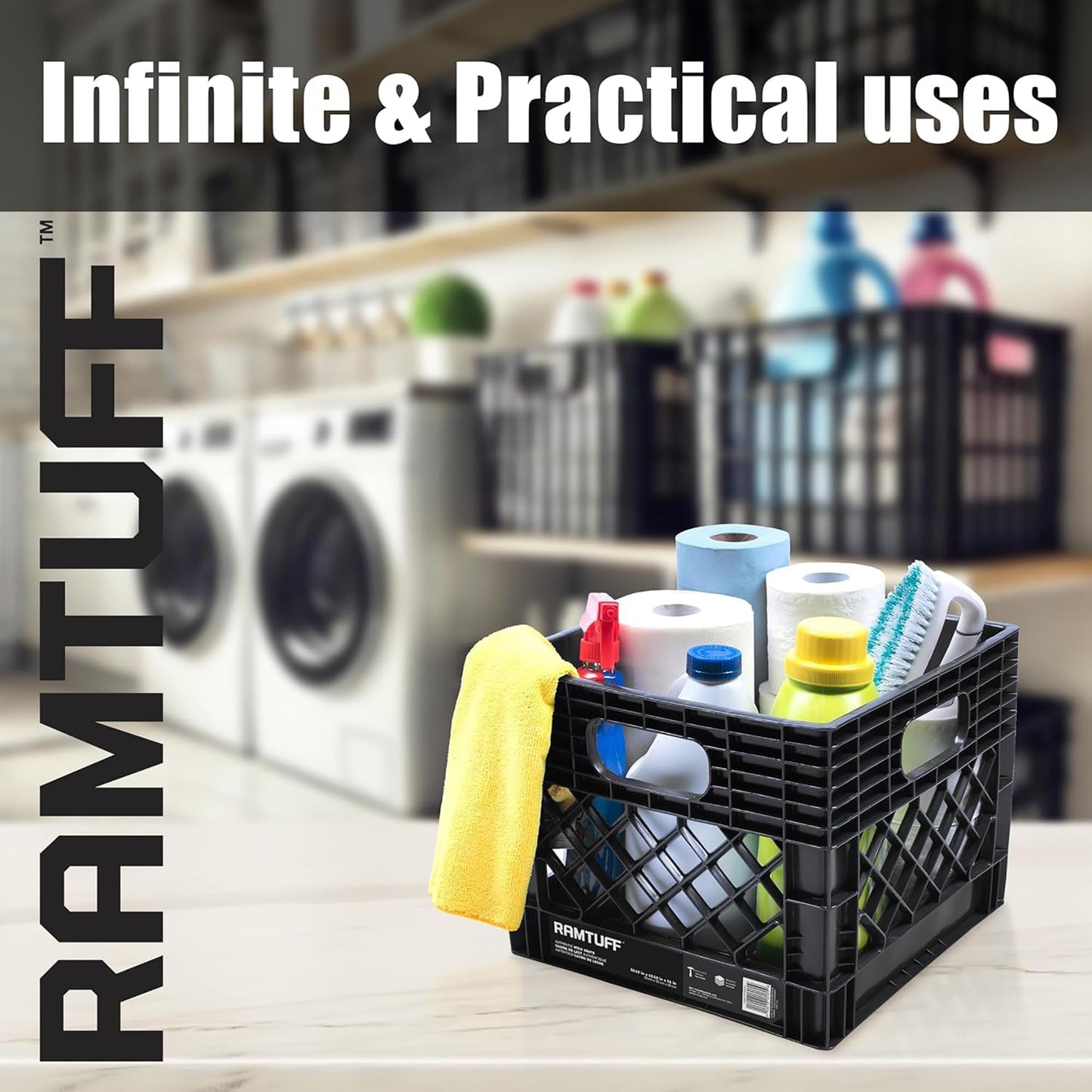 Ramtuff Authentic Milk Crate, 250lbs Load Capacity (BV Certified), Extreme Weather Tested -22°F to 122°F, Reinforced Handles, Stackable, Authentic Milk Crate Dimensions 13" L x 13" W x 11" H