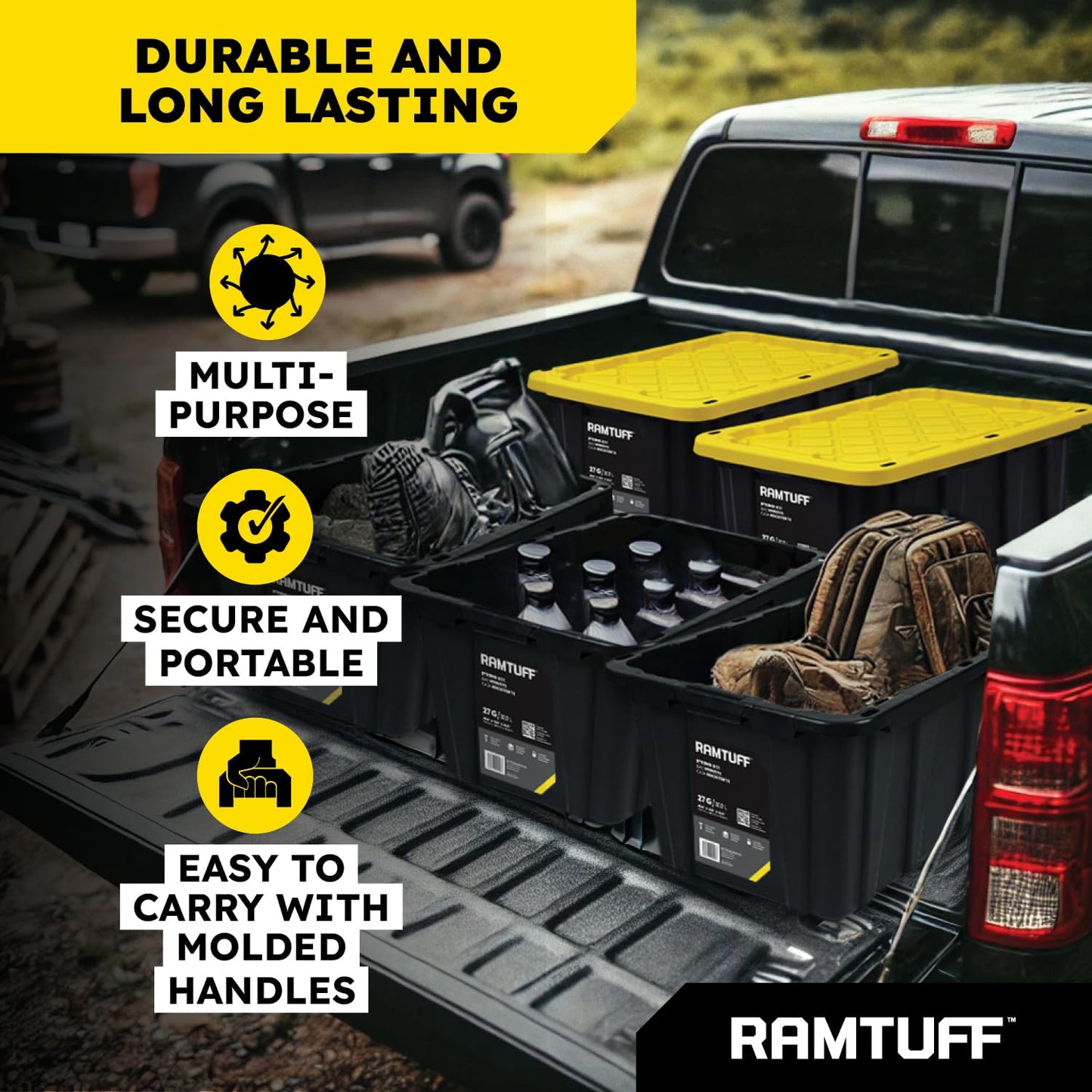 Ramtuff Strong Box BLACK & YELLOW 27-Gallon Storage Bin with Snap-on Lid, Heavy Duty Plastic Storage Bins with Lid, Stackable (6 pcs)