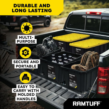 Ramtuff Strong Box BLACK & YELLOW 27-Gallon Storage Bin with Snap-on Lid, Heavy Duty Plastic Storage Bins with Lid, Stackable (6 pcs)