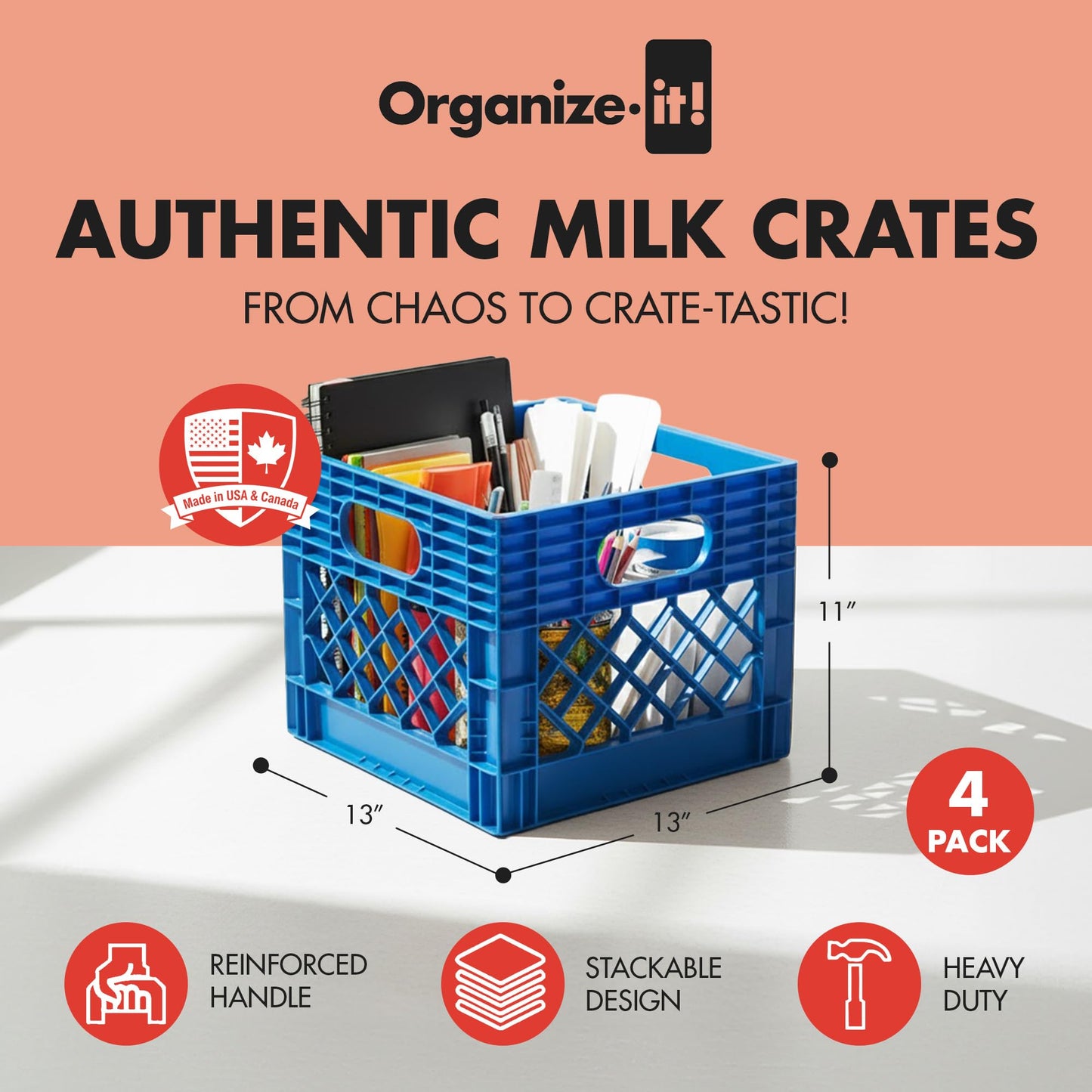 Organize-It! Authentic Milk Crate, 4 Pack - Heavy-Duty Storage Crate, Easy-Grip Handles, Versatile Storage Crate Box, Inside Dimensions 13”L x 13”W x 11”H