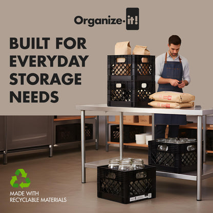 Organize-It! Authentic Milk Crate, 4 Pack - Heavy-Duty Storage Crate, Easy-Grip Handles, Versatile Storage Crate Box, Inside Dimensions 13”L x 13”W x 11”H