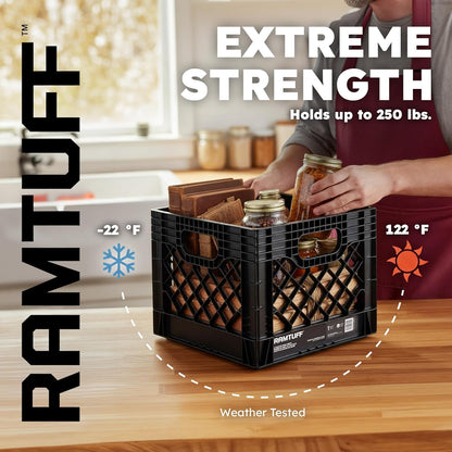 Ramtuff Authentic Milk Crate, 250lbs Load Capacity (BV Certified), Extreme Weather Tested -22°F to 122°F, Reinforced Handles, Stackable, Authentic Milk Crate Dimensions 13" L x 13" W x 11" H