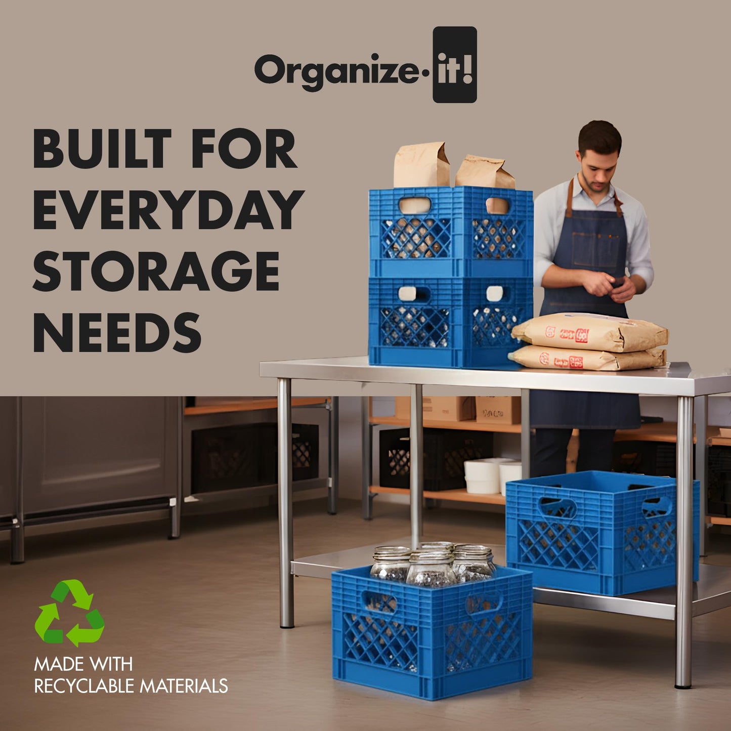 Organize-It! Authentic Milk Crate, 4 Pack - Heavy-Duty Storage Crate, Easy-Grip Handles, Versatile Storage Crate Box, Inside Dimensions 13”L x 13”W x 11”H