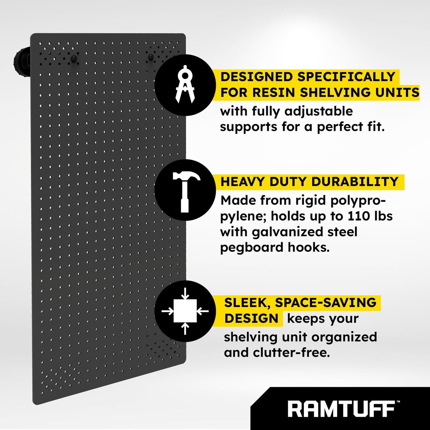 RAMTUFF Universal PegBoard Kit for Plastic Shelving- Garage Storage Organizer with 14 Pegboard Accessories - Easy to Install