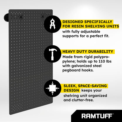 RAMTUFF Universal PegBoard Kit for Plastic Shelving- Garage Storage Organizer with 14 Pegboard Accessories - Easy to Install