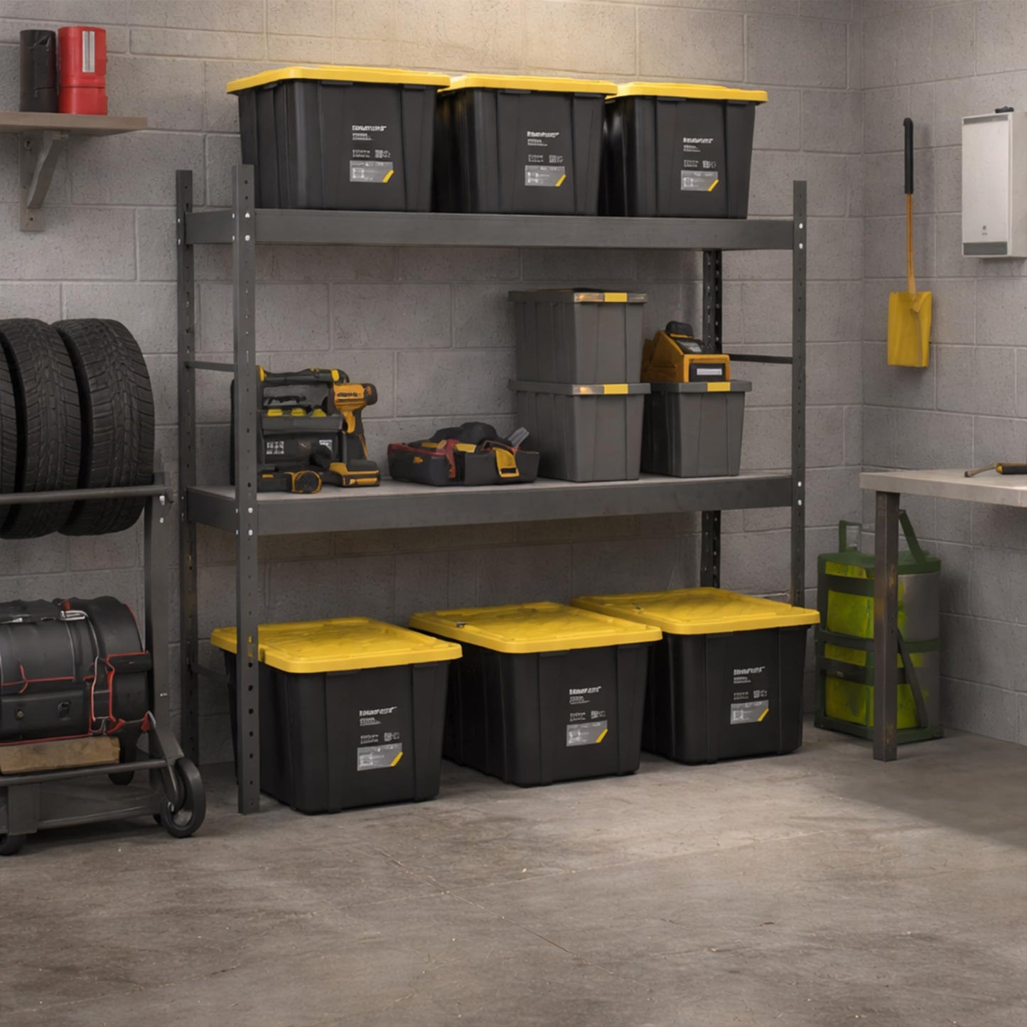 Ramtuff Strong Box BLACK & YELLOW 27-Gallon Storage Bin with Snap-on Lid, Heavy Duty Plastic Storage Bins with Lid, Stackable (6 pcs)