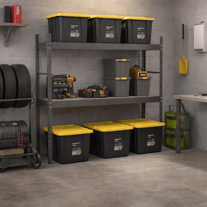 Ramtuff Strong Box BLACK & YELLOW 27-Gallon Storage Bin with Snap-on Lid, Heavy Duty Plastic Storage Bins with Lid, Stackable (6 pcs)