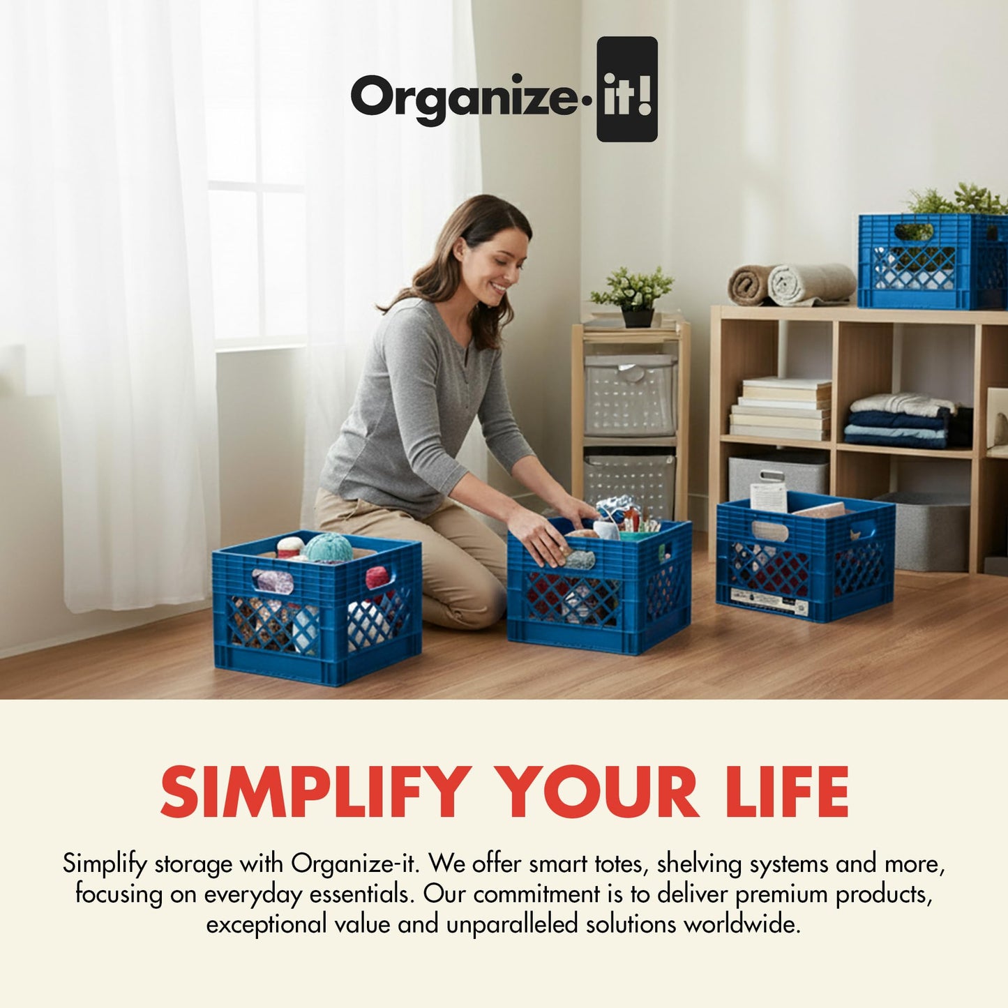 Organize-It! Authentic Milk Crate, 4 Pack - Heavy-Duty Storage Crate, Easy-Grip Handles, Versatile Storage Crate Box, Inside Dimensions 13”L x 13”W x 11”H