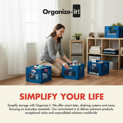 Organize-It! Authentic Milk Crate, 4 Pack - Heavy-Duty Storage Crate, Easy-Grip Handles, Versatile Storage Crate Box, Inside Dimensions 13”L x 13”W x 11”H