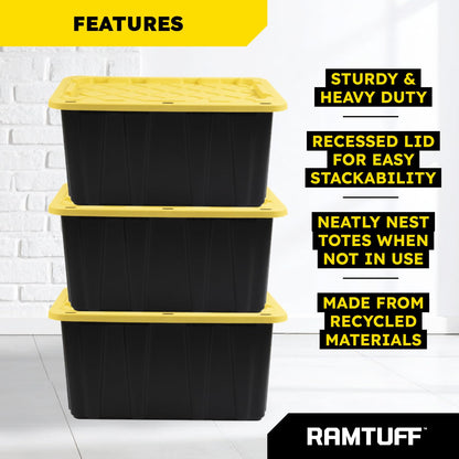 Ramtuff Strong Box BLACK & YELLOW 27-Gallon Storage Bin with Snap-on Lid, Heavy Duty Plastic Storage Bins with Lid, Stackable (6 pcs)