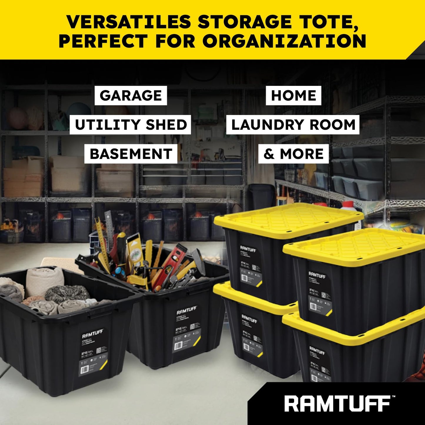 Ramtuff Strong Box BLACK & YELLOW 27-Gallon Storage Bin with Snap-on Lid, Heavy Duty Plastic Storage Bins with Lid, Stackable (6 pcs)