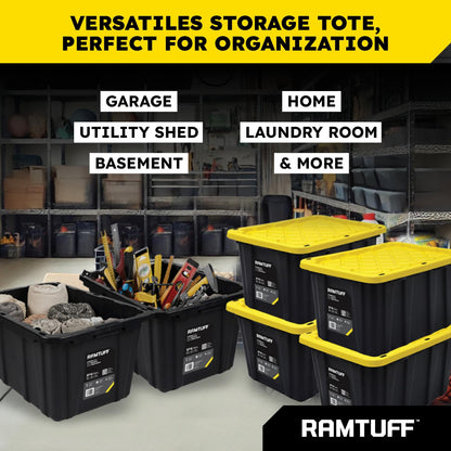 Ramtuff Strong Box BLACK & YELLOW 27-Gallon Storage Bin with Snap-on Lid, Heavy Duty Plastic Storage Bins with Lid, Stackable (6 pcs)