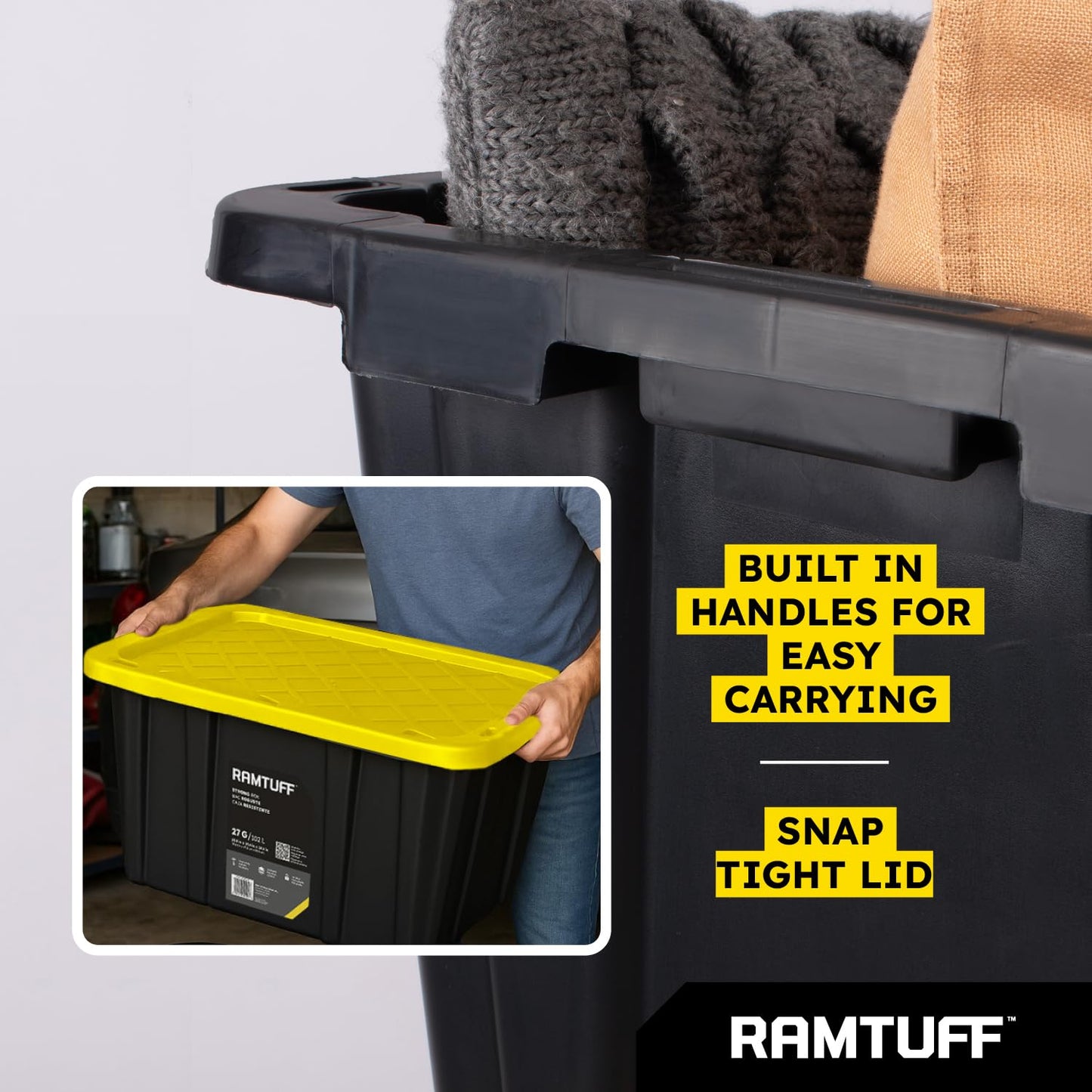 Ramtuff Strong Box BLACK & YELLOW 27-Gallon Storage Bin with Snap-on Lid, Heavy Duty Plastic Storage Bins with Lid, Stackable (6 pcs)