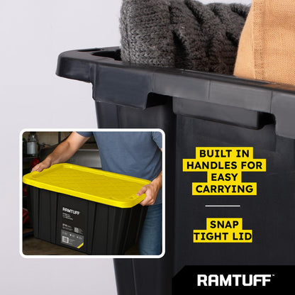Ramtuff Strong Box BLACK & YELLOW 27-Gallon Storage Bin with Snap-on Lid, Heavy Duty Plastic Storage Bins with Lid, Stackable (6 pcs)