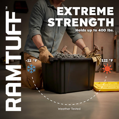 Ramtuff Strong Box BLACK & YELLOW 27-Gallon Storage Bin with Snap-on Lid, Heavy Duty Plastic Storage Bins with Lid, Stackable (6 pcs)