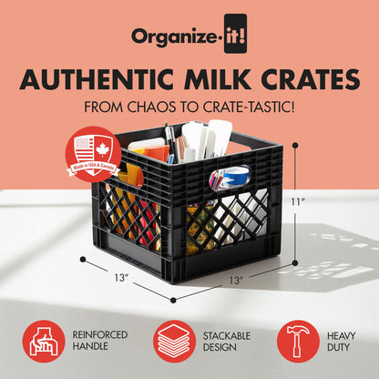 Organize-It! Authentic Milk Crate, 4 Pack - Heavy-Duty Storage Crate, Easy-Grip Handles, Versatile Storage Crate Box, Inside Dimensions 13”L x 13”W x 11”H