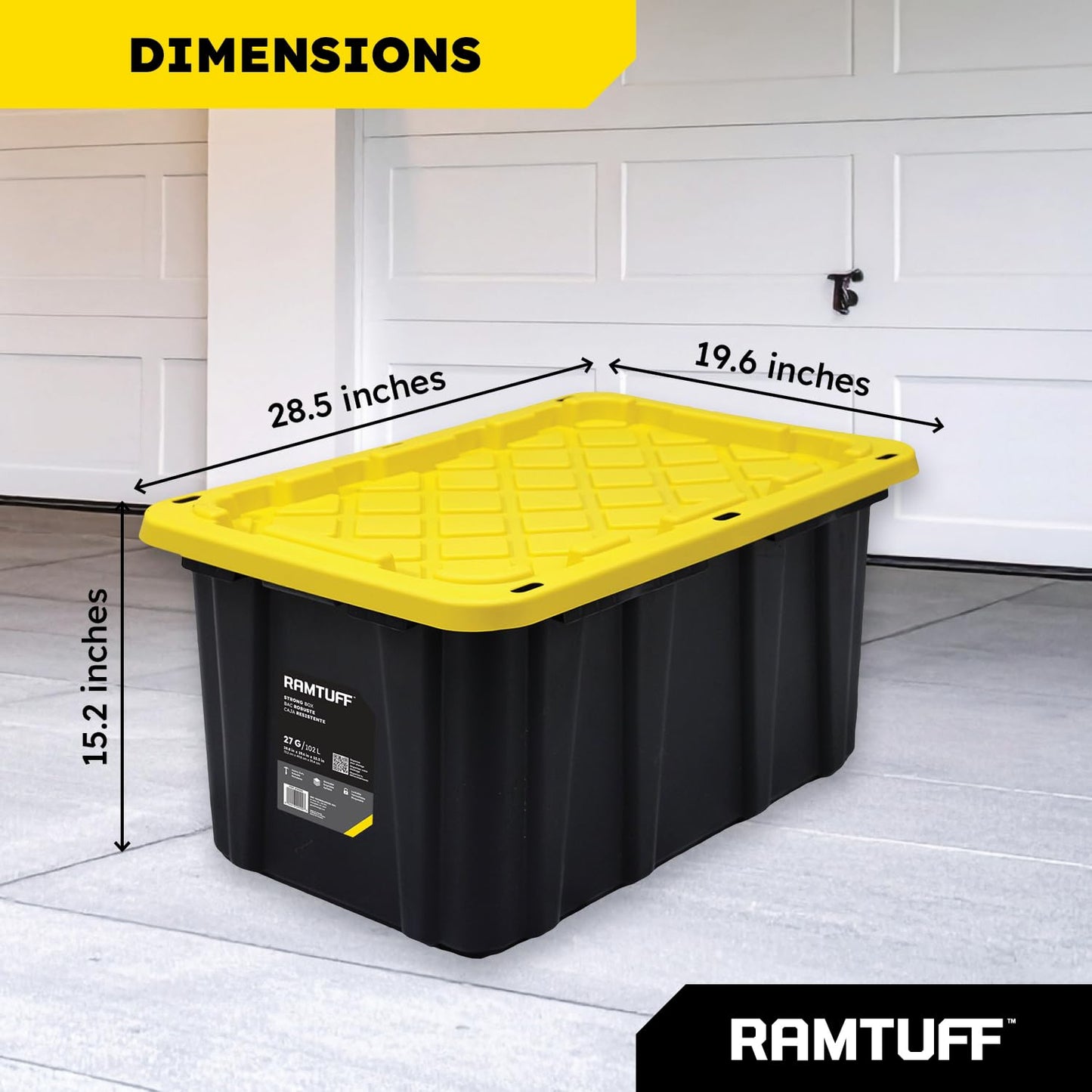 Ramtuff Strong Box BLACK & YELLOW 27-Gallon Storage Bin with Snap-on Lid, Heavy Duty Plastic Storage Bins with Lid, Stackable (6 pcs)