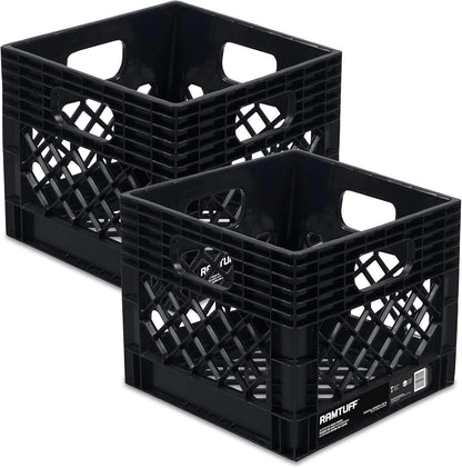 Ramtuff Authentic Milk Crate, 250lbs Load Capacity (BV Certified), Extreme Weather Tested -22°F to 122°F, Reinforced Handles, Stackable, Authentic Milk Crate Dimensions 13" L x 13" W x 11" H
