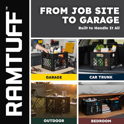 Ramtuff Authentic Milk Crate, 250lbs Load Capacity (BV Certified), Extreme Weather Tested -22°F to 122°F, Reinforced Handles, Stackable, Authentic Milk Crate Dimensions 13" L x 13" W x 11" H