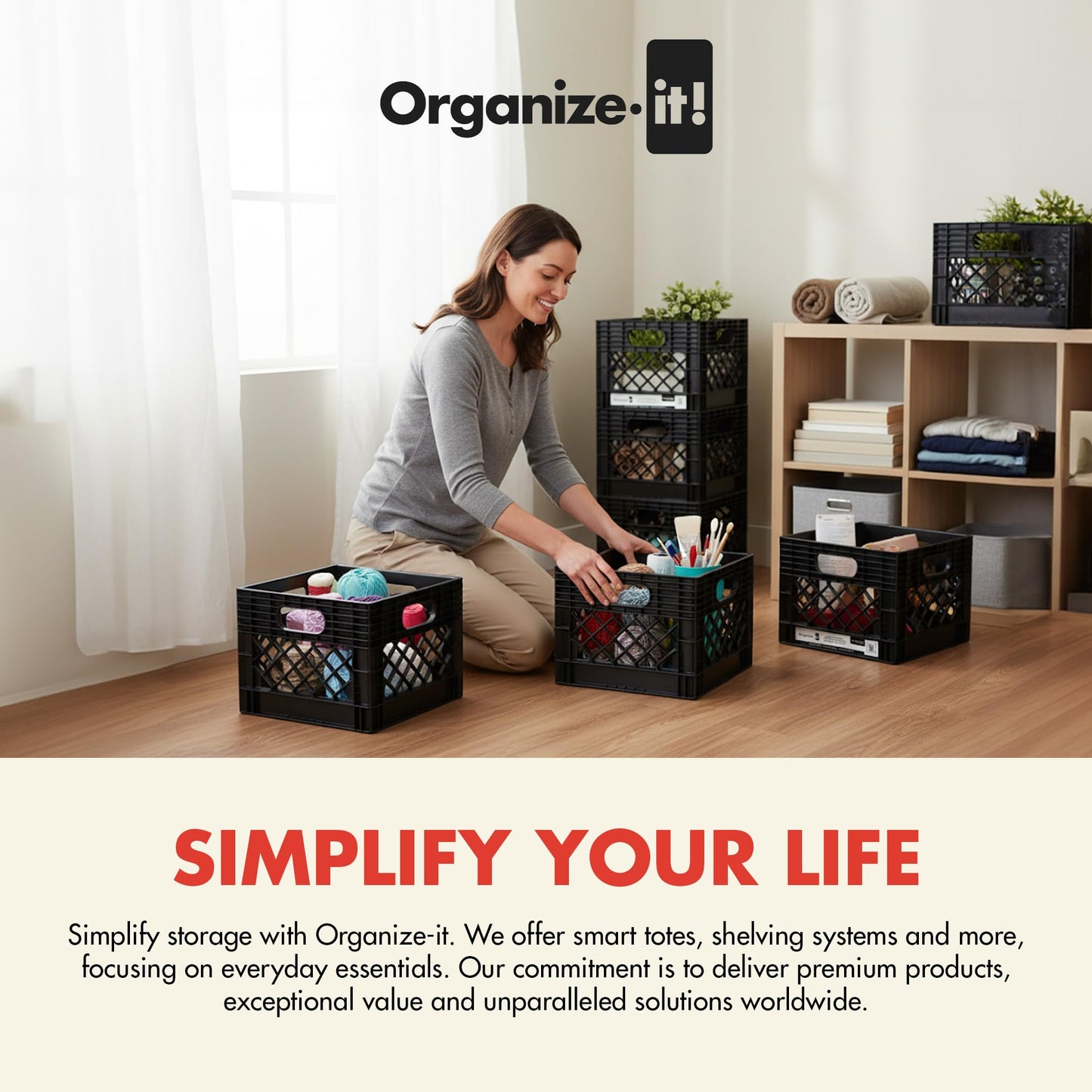 Organize-It! Authentic Milk Crate, 4 Pack - Heavy-Duty Storage Crate, Easy-Grip Handles, Versatile Storage Crate Box, Inside Dimensions 13”L x 13”W x 11”H