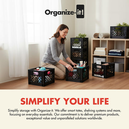 Organize-It! Authentic Milk Crate, 4 Pack - Heavy-Duty Storage Crate, Easy-Grip Handles, Versatile Storage Crate Box, Inside Dimensions 13”L x 13”W x 11”H