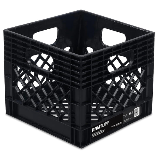 Ramtuff Authentic Milk Crate, 250lbs Load Capacity (BV Certified), Extreme Weather Tested -22°F to 122°F, Reinforced Handles, Stackable, Authentic Milk Crate Dimensions 13" L x 13" W x 11" H