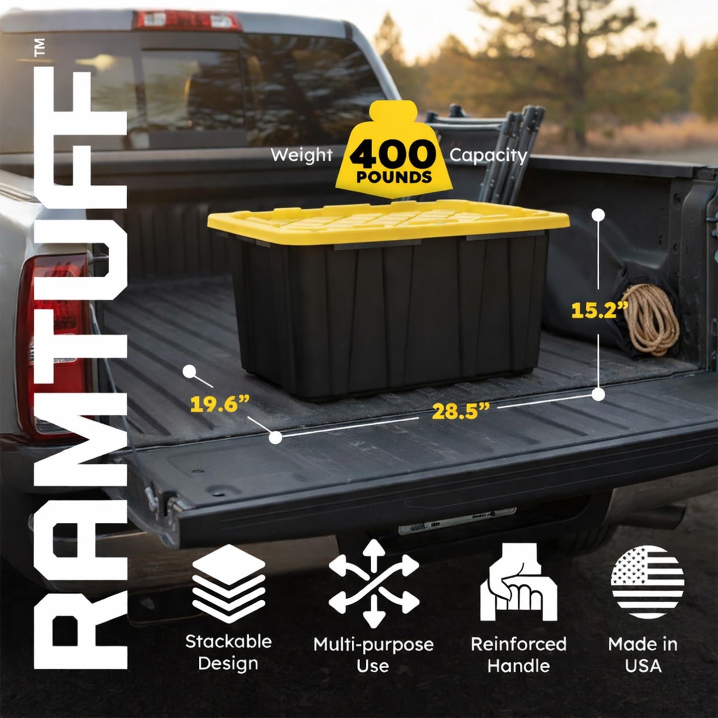 Ramtuff Strong Box BLACK & YELLOW 27-Gallon Storage Bin with Snap-on Lid, Heavy Duty Plastic Storage Bins with Lid, Stackable (6 pcs)