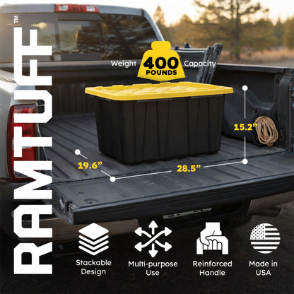 Ramtuff Strong Box BLACK & YELLOW 27-Gallon Storage Bin with Snap-on Lid, Heavy Duty Plastic Storage Bins with Lid, Stackable (6 pcs)