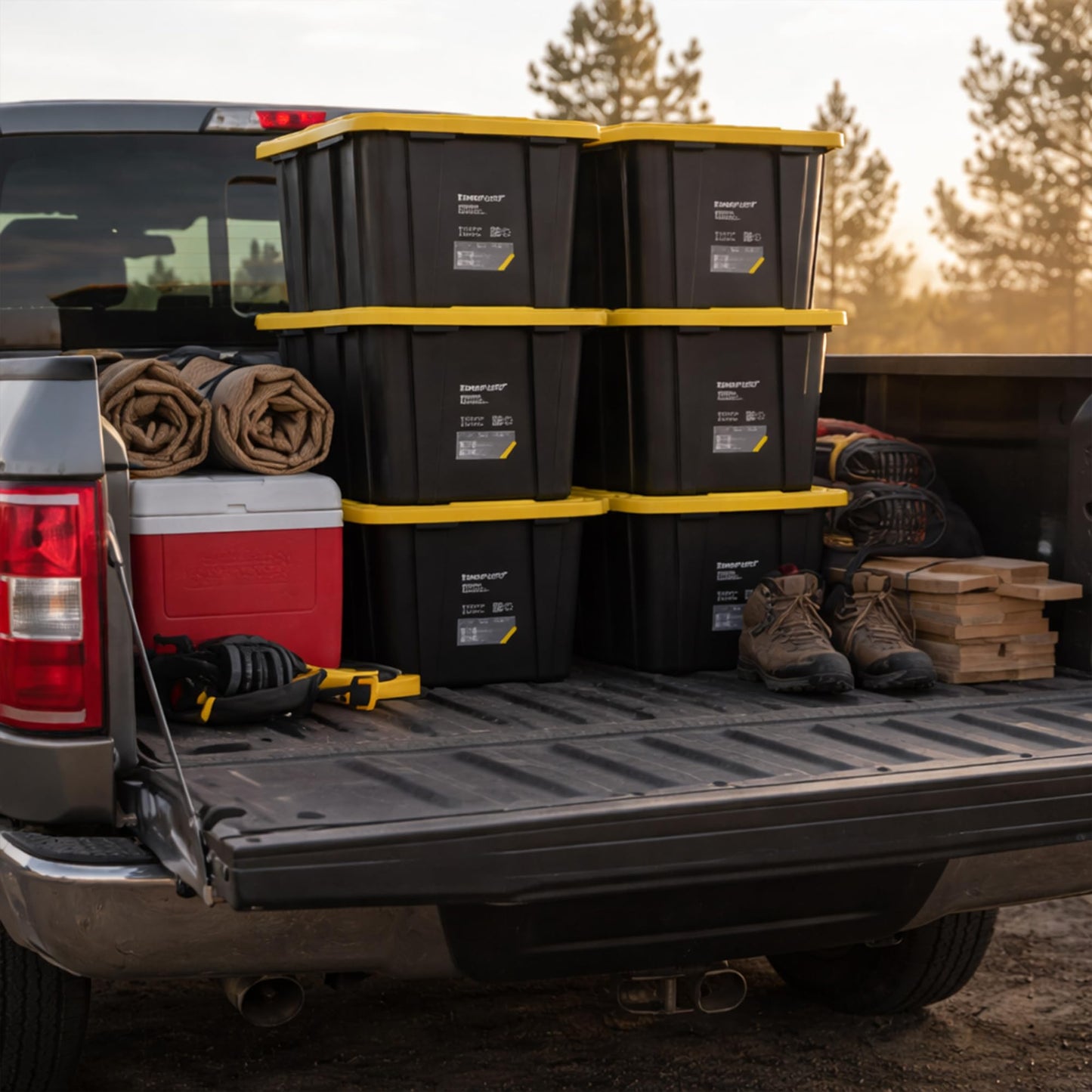 Ramtuff Strong Box BLACK & YELLOW 27-Gallon Storage Bin with Snap-on Lid, Heavy Duty Plastic Storage Bins with Lid, Stackable (6 pcs)
