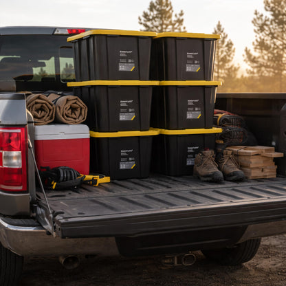 Ramtuff Strong Box BLACK & YELLOW 27-Gallon Storage Bin with Snap-on Lid, Heavy Duty Plastic Storage Bins with Lid, Stackable (6 pcs)