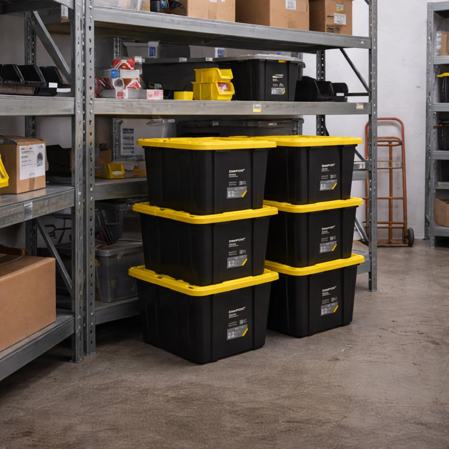Ramtuff Strong Box BLACK & YELLOW 27-Gallon Storage Bin with Snap-on Lid, Heavy Duty Plastic Storage Bins with Lid, Stackable (6 pcs)