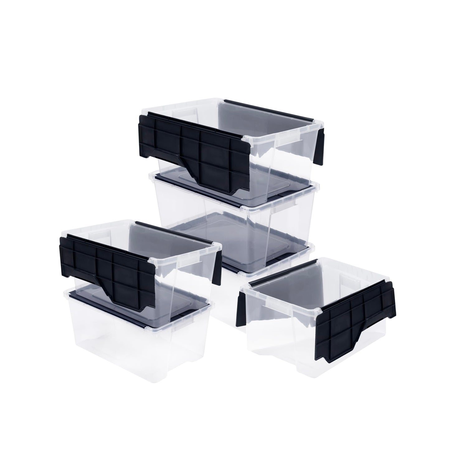 Organize-It! 6 Pack-Mini Flip-Top Tote 26L, Storage Bin with a Clear Plastic Base, Black Lid, Stackable, 18" L X 12" W X 8" H