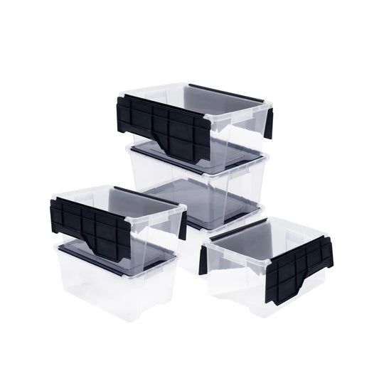 Organize-It! 6 Pack-Mini Flip-Top Tote 26L, Storage Bin with a Clear Plastic Base, Black Lid, Stackable, 18" L X 12" W X 8" H