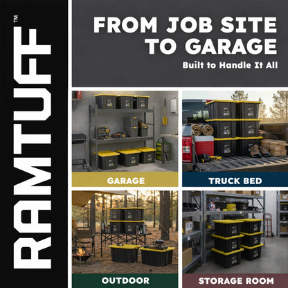 Ramtuff Strong Box BLACK & YELLOW 27-Gallon Storage Bin with Snap-on Lid, Heavy Duty Plastic Storage Bins with Lid, Stackable (6 pcs)