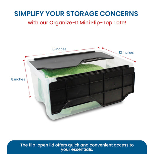 Organize-It! 6 Pack-Mini Flip-Top Tote 26L, Storage Bin with a Clear Plastic Base, Black Lid, Stackable, 18" L X 12" W X 8" H