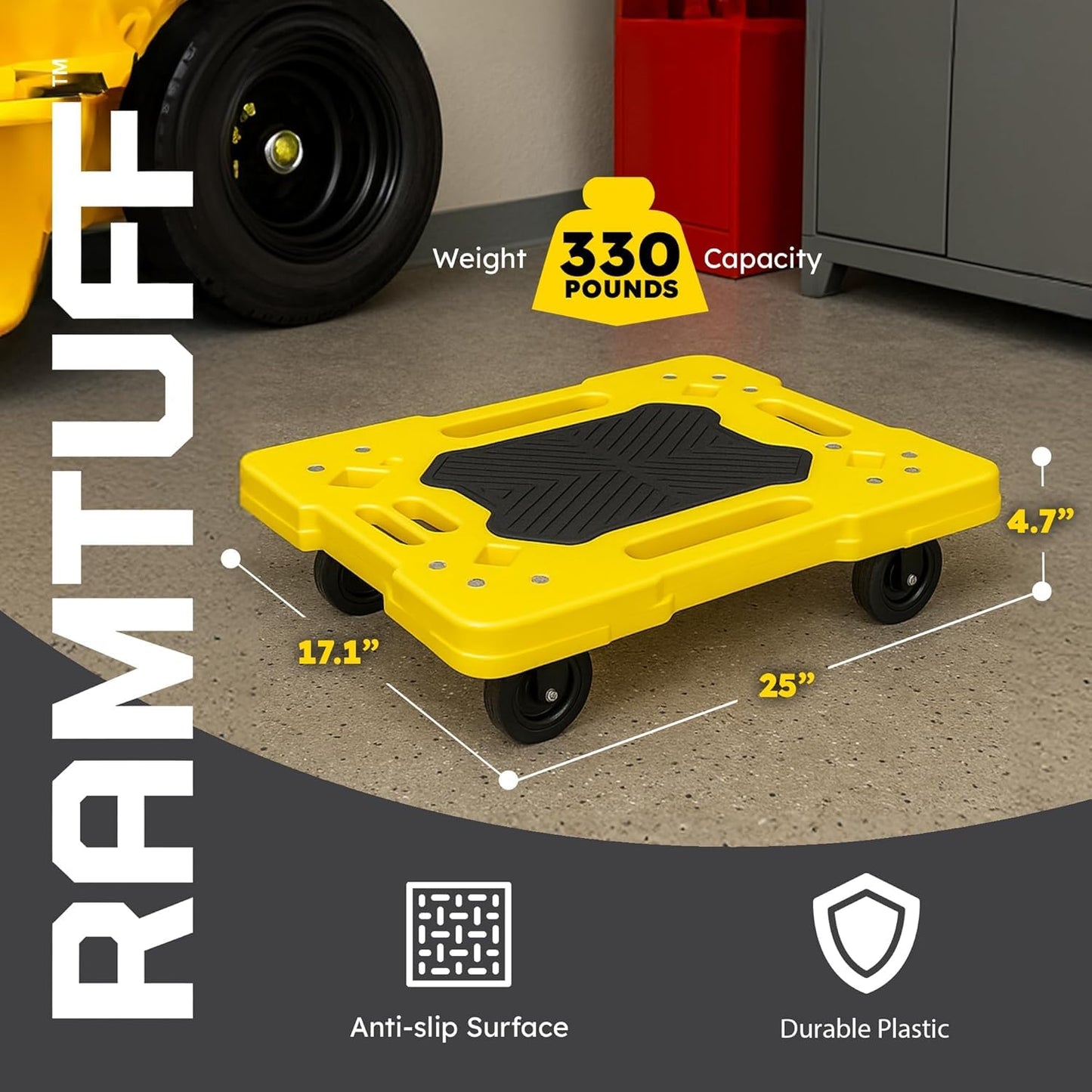 Connectable Moving Dolly (4-Pack) 330 lbs Capacity per Dolly - BV Certified | Anti-Slip Surface | Made of Heavy-Duty Polypropylene & Thermoplastic | Non-Marking 3” Swivel Casters