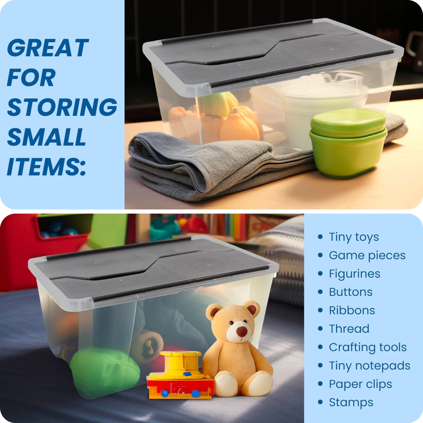 Organize-It! 6 Pack-Mini Flip-Top Tote 26L, Storage Bin with a Clear Plastic Base, Black Lid, Stackable, 18" L X 12" W X 8" H