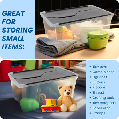 Organize-It! 6 Pack-Mini Flip-Top Tote 26L, Storage Bin with a Clear Plastic Base, Black Lid, Stackable, 18" L X 12" W X 8" H
