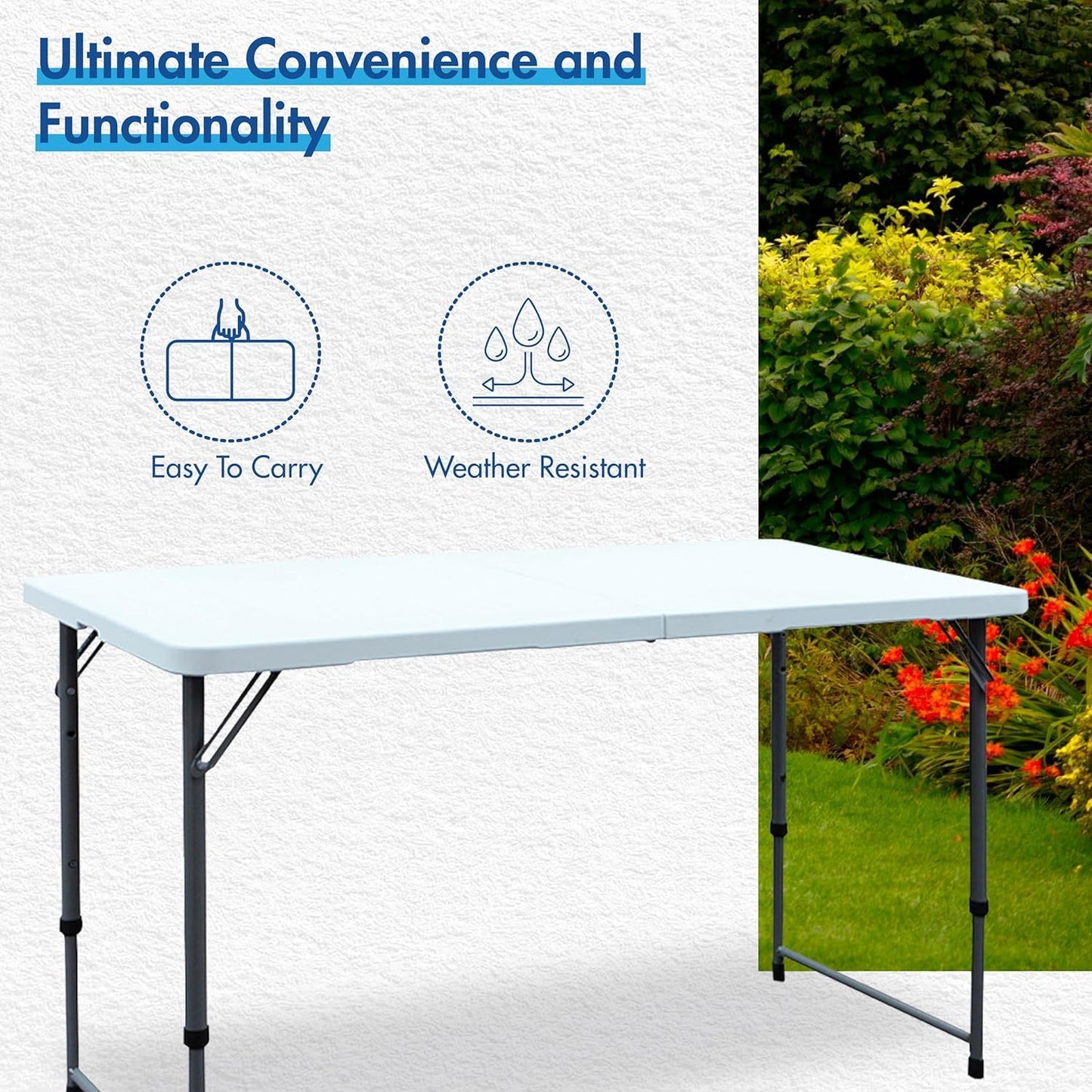 Enduro 4’ Banquet Table, Folding Table with Adjustable Heights, Portable Table for Indoor/Outdoor Use, 48’’ L x 24’’ W, White